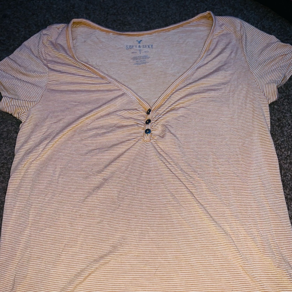 American eagle soft & sexy medium yellow & white striped short sleeve
